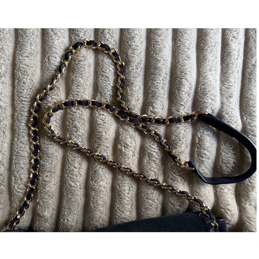 Tory Burch Marion Navy Blue Suede Whipstitch Chain Crossbody Bag